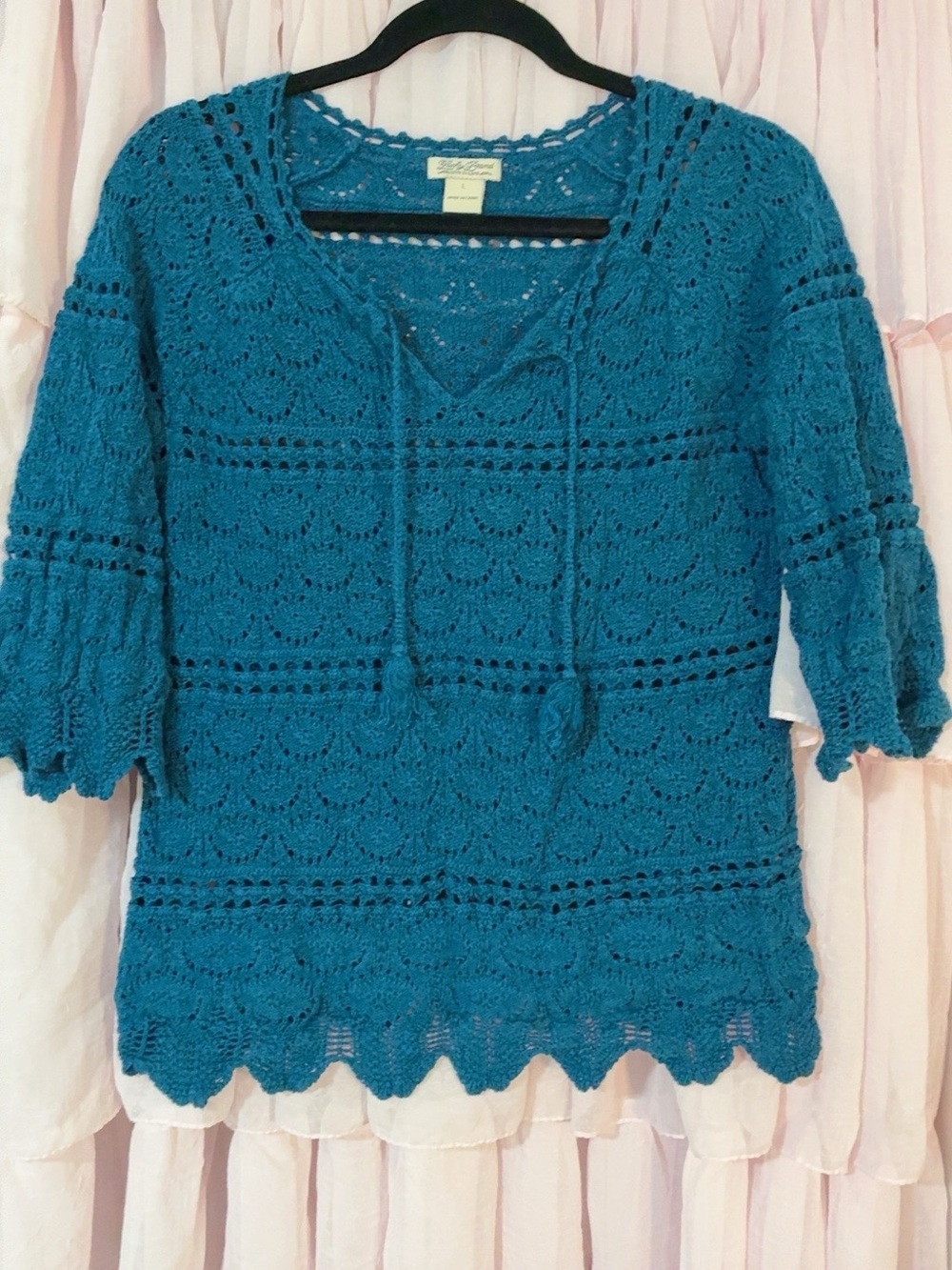 Lucky Brand Teal Crochet Tie-Front Tunic